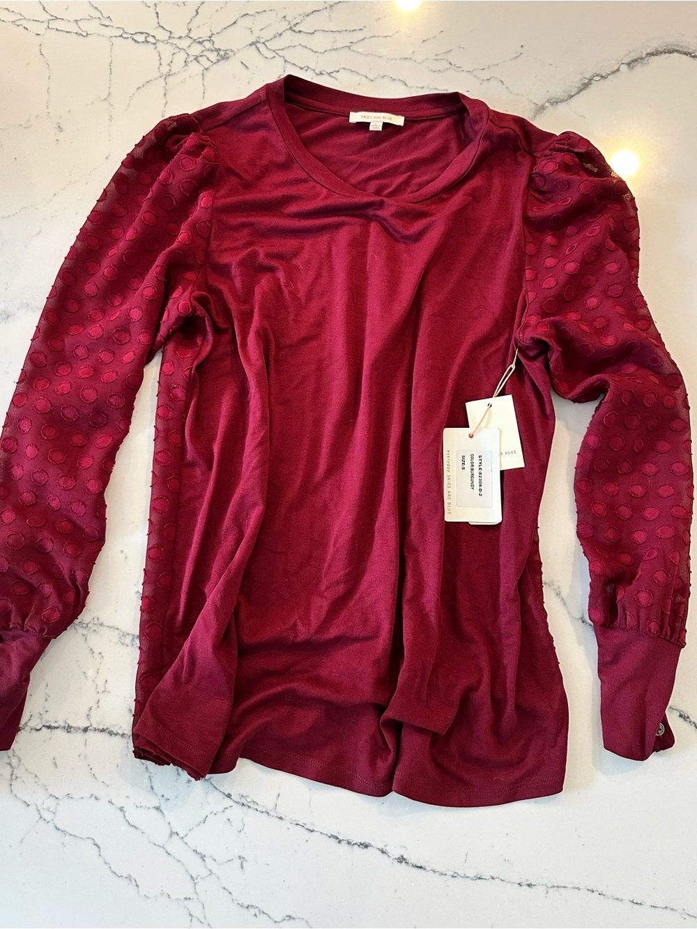 NWT Skies Are Blue Burgundy Swiss Dot Puff Sleeve Blouse Small Anthropologie